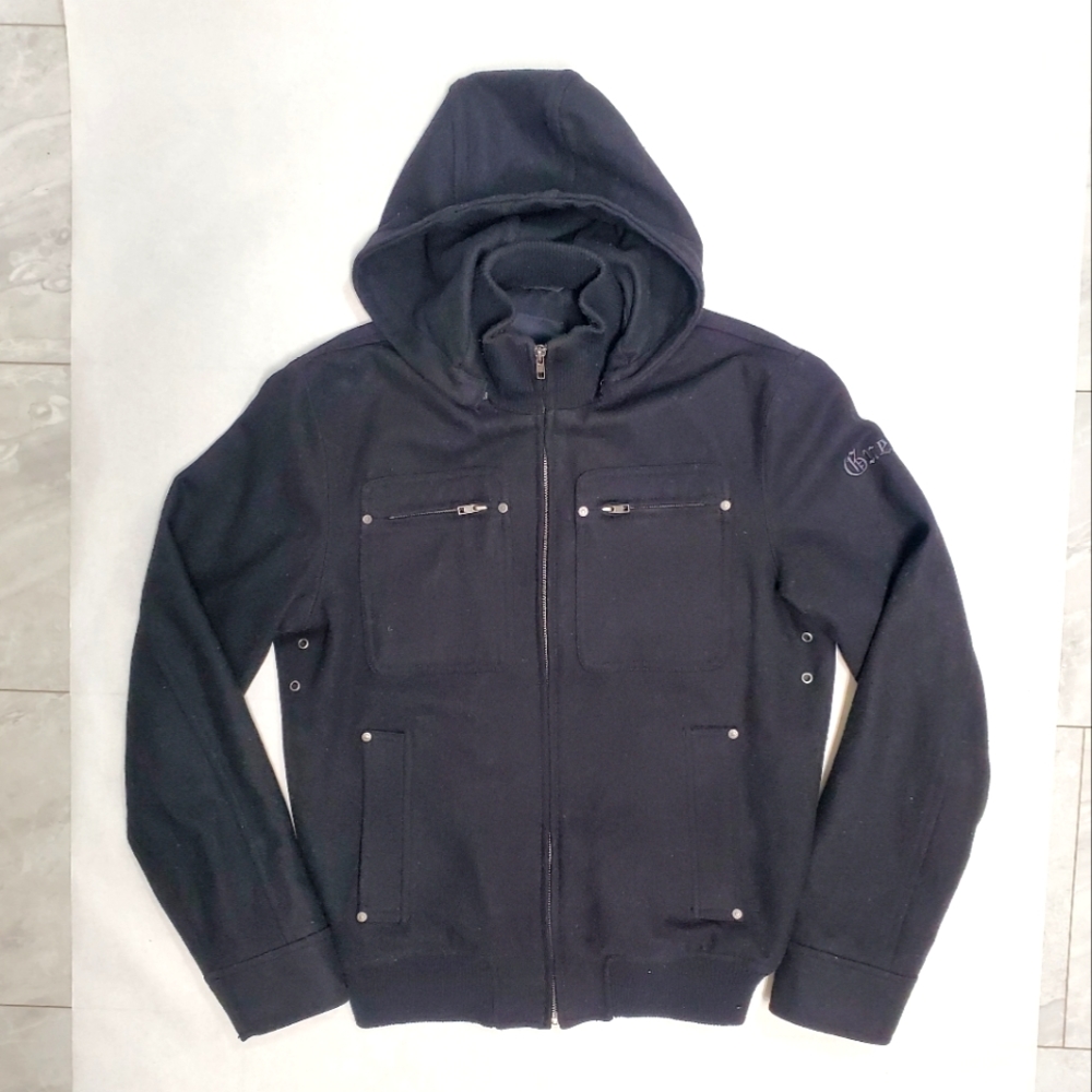Guess Wool Blend Bomber Jacket with Removable Hood Black M